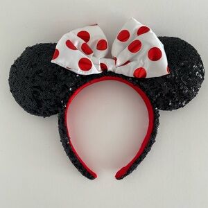 Disney Black Sequin Minnie Mouse Ears Headband with Red Polka Dot Bow